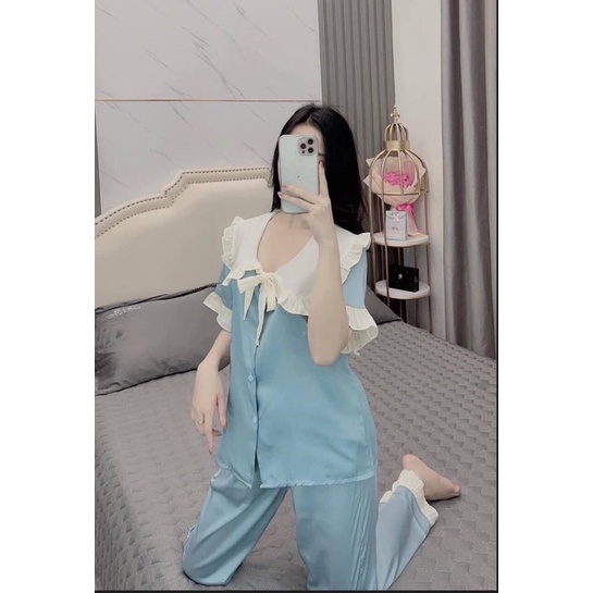 Bộ đồ ngủ nữ - Bộ pijama nữ lụa satin quần dài áo cộc cổ bèo nơ dây