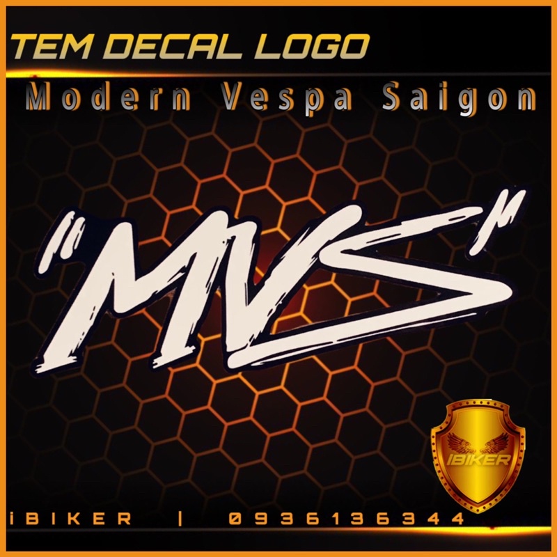Tem Sticker Logo MVS Modern Vespa Saigon 12x4cm chất liệu decal chính hãng McCAl ISO9001/SHINLUNG dán xe, nón bảo hiểm