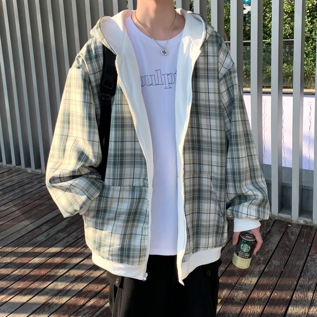 Áo Khoác Tay Dài Có Thể Đảo Ngược Họa Tiết Caro áo khoác hoodie Phong Cách Hàn Quốc áo khoác dây kéo Cổ Điển Thời Trang áo khoác nữ Thường Ngày Dành Áo hoodie Nam Nữ