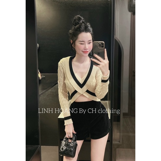 Áo len thừng cổ tim dài tay, dáng len croptop chạy viền