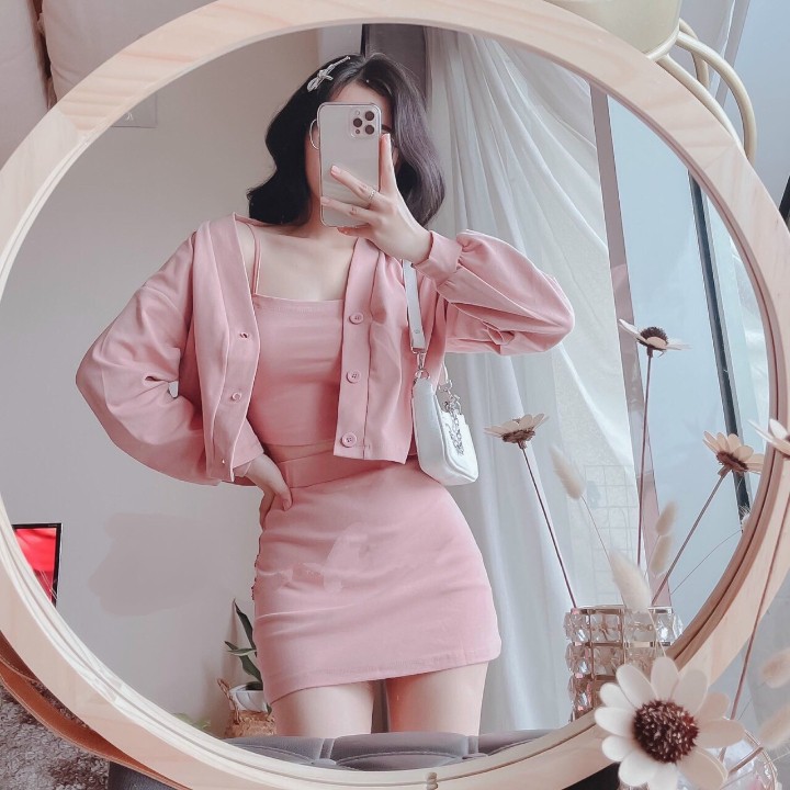 Set Áo Khoác Croptop Và Chân Váy Ôm Kèm Áo Trong Hai Dây Rose Fashion