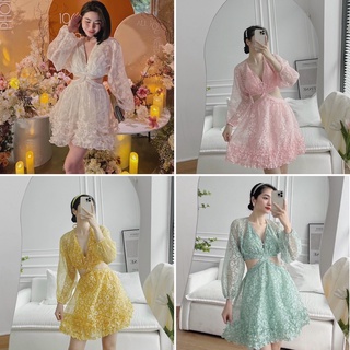 Sẵn xanh Đầm hoa vàng xanh trắng hồng hoa nổi cut out eo hở lưng