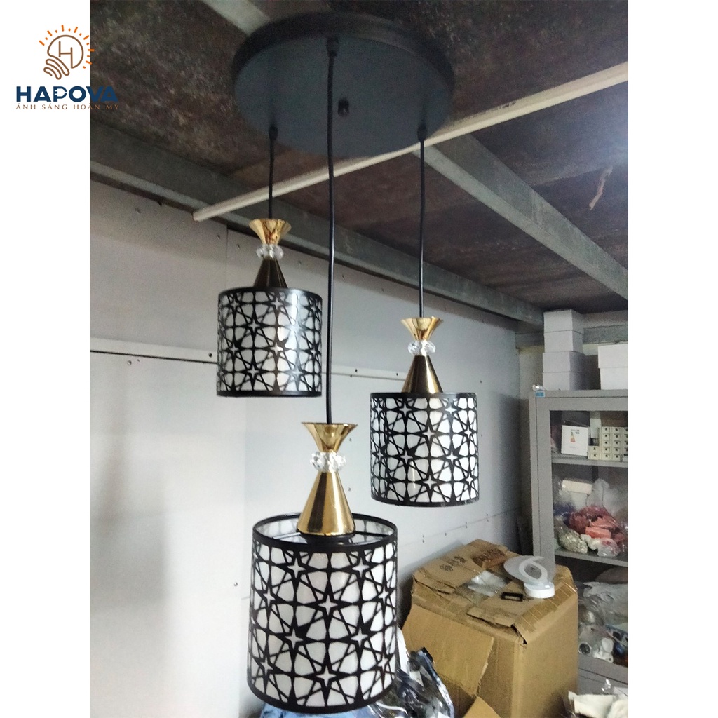 Bộ 03 đèn thả trần bàn ăn hoa văn HAPOVA XENIA 7095 + Tặng kèm bóng led AS Vàng