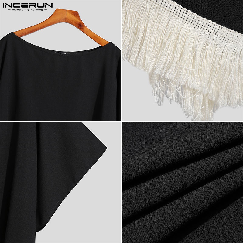 Áo thun INCERUN thiết kế tay cánh dơi cổ tròn phối tua rua thời trang cho nam