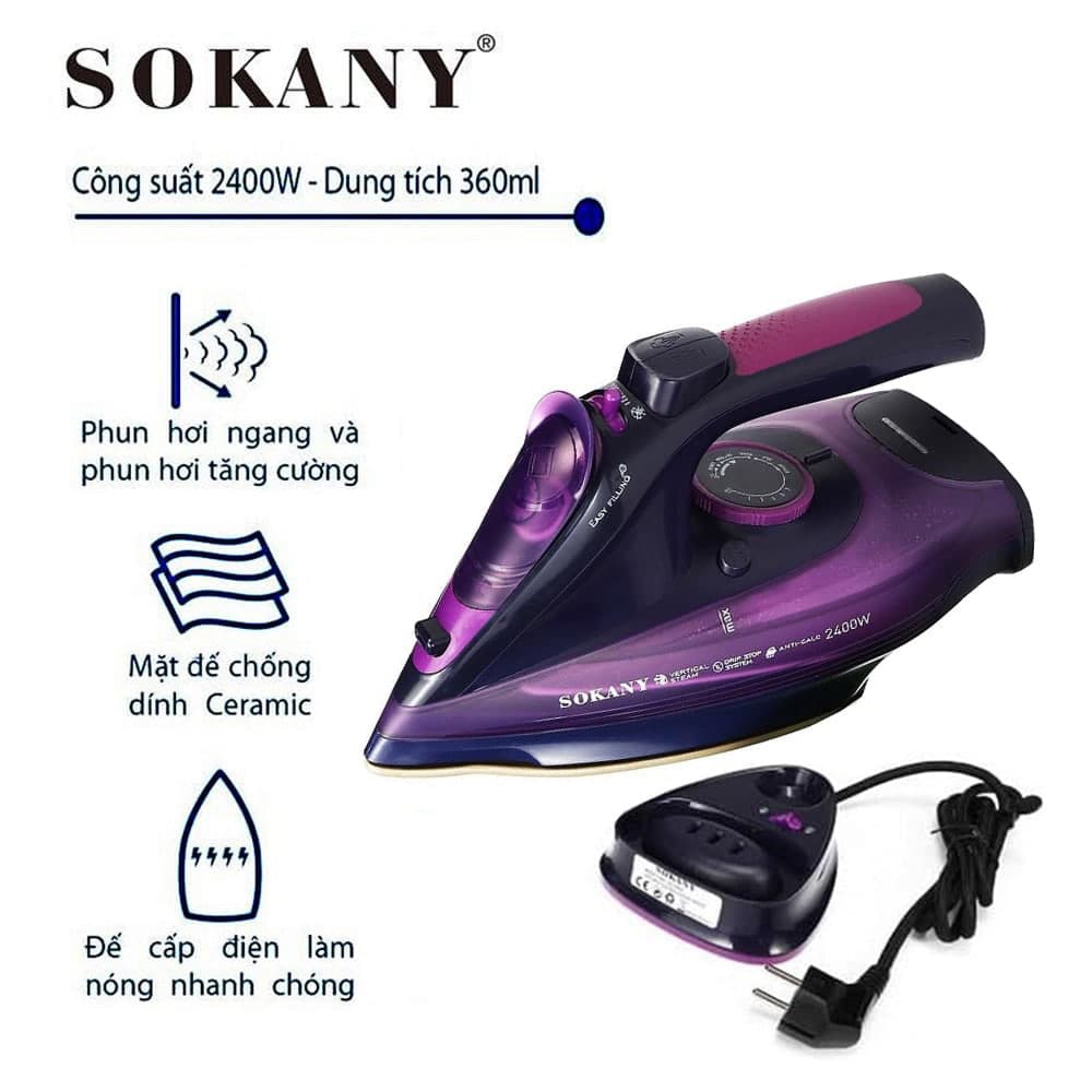 Bàn ủi, bàn là hơi nước không dây SOKANY AJ-2085 (2400W) - Hàng chính hãng bảo hành 2 năm.