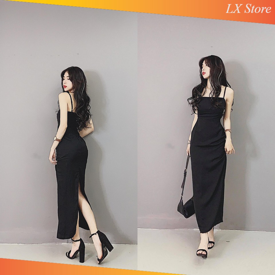 [HÌNH THẬT] Đầm 2 Dây Maxi Nhún Lưng Xẻ Sau EMO (ĐEN) | BigBuy360 - bigbuy360.vn