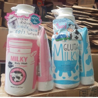 Set sữa tắm + sữa rửa mặt bò gluta milky thái lan 800ml