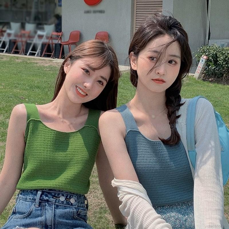 Áo Croptop Dệt Kim Sát Nách Cổ Vuông Màu Trơn Thiết Kế Quyến Rũ Cho Nữ