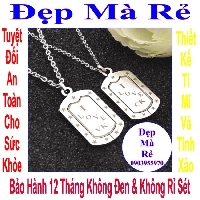 Dây chuyền cặp hình thẻ bài khắc chữ I LOVE CK / VK và ngôi sao màu trắng (2 dây) - DCC00039T035069