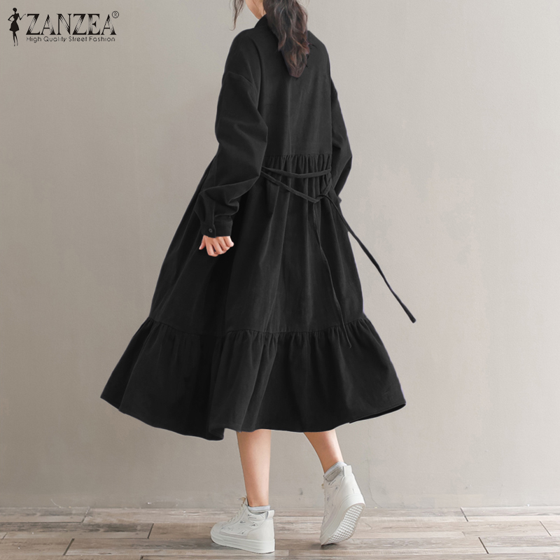 Đầm ZANZEA Tay Dài Cổ Bẻ Thiết Kế Xếp Ly Phong Cách Hàn Quốc Thời Trang Dành Cho Nữ