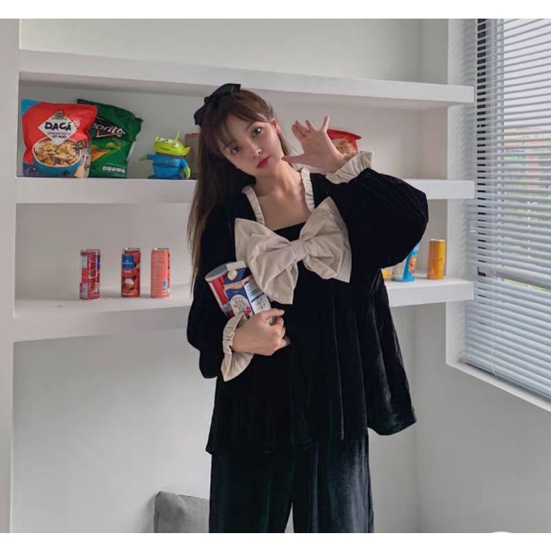 Bộ ngủ nhung phối nơ tay bèo | BigBuy360 - bigbuy360.vn