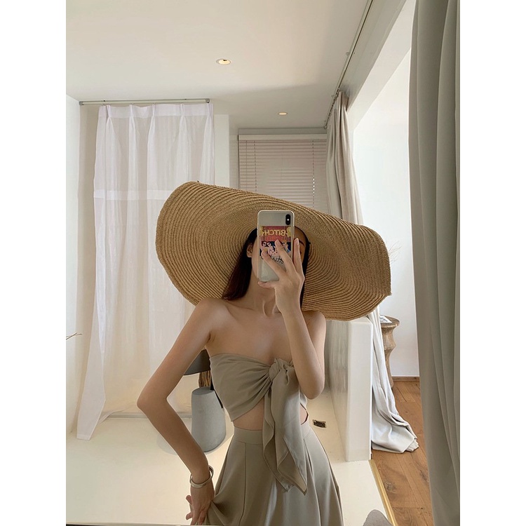 Váy đi biển nữ LUHAZO đi tiệc maxi sang chảnh kiểu Hàn Quốc crotop trễ vai buộc nơ ngực màu xám xinh xắn D4t4