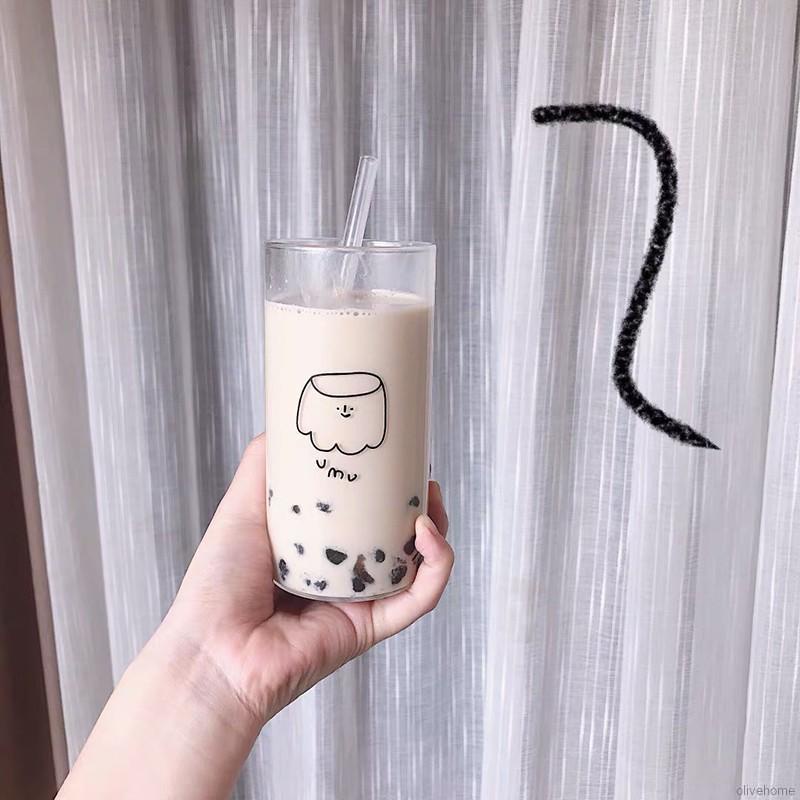 Ly thủy tinh trong suốt in họa tiết hoạt hình đáng yêu kèm ống hút tiện dụng
