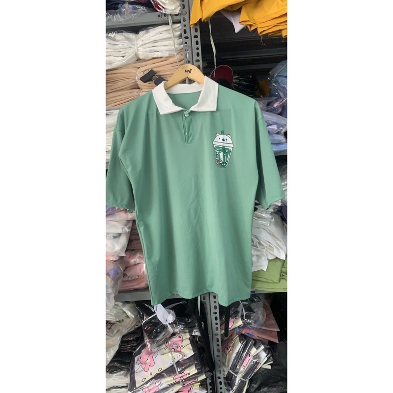 Áo thun tay lỡ Trà sữa áo phông tay lỡ cổ bẻ unisex nam nữ form rộng