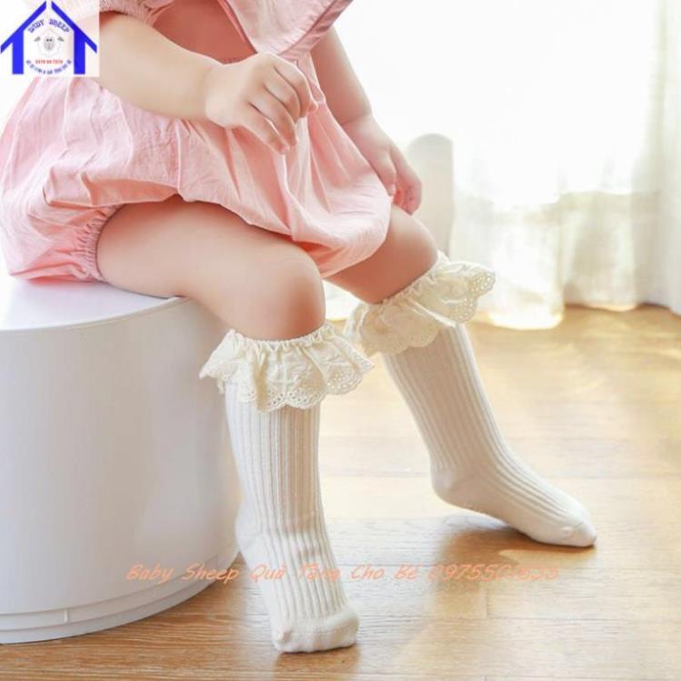 Tất Hàn Quốc cao cổ cho bé gái 0-3 tuổi chất liệu cotton phối ren xinh xắn cho bé gái