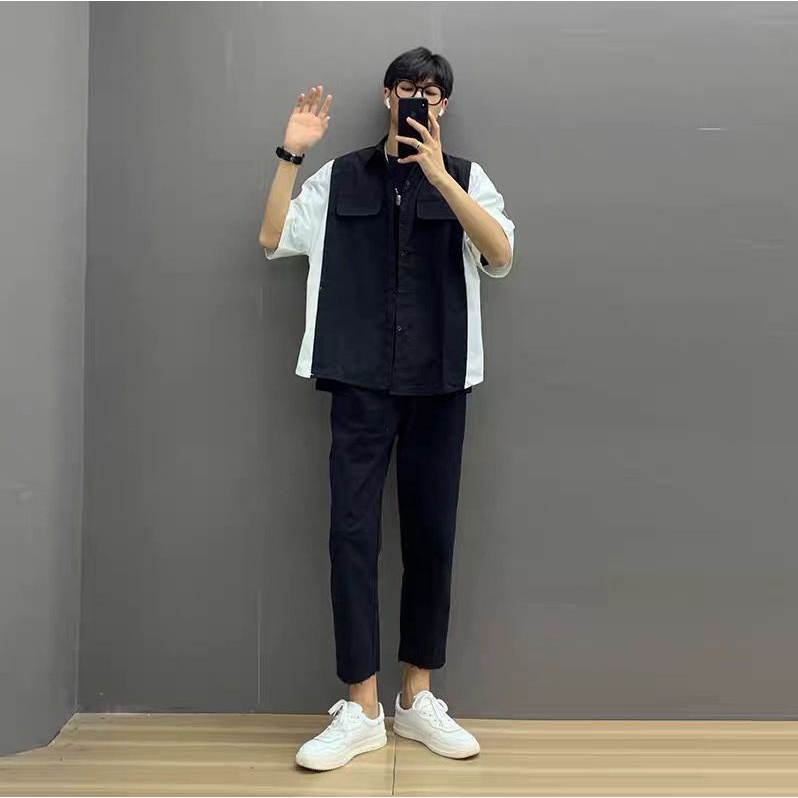 Áo Sơ Mi Tay Lỡ Form Rộng Phối Ulzzang, Sơ Mi Tay Lửng Phong Cách Hàn Quốc