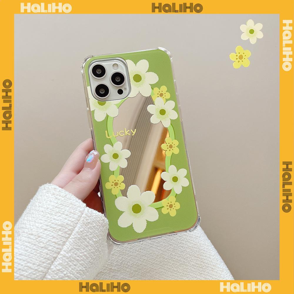 iPhone Case Acrylic HD Mirror Airbag Shockproof Protection Camera Cute Line Green Yellow Flowers Compatible For iPhone 11 iPhone 13 Pro Max iPhone 12 Pro Max iPhone 7 Plus
