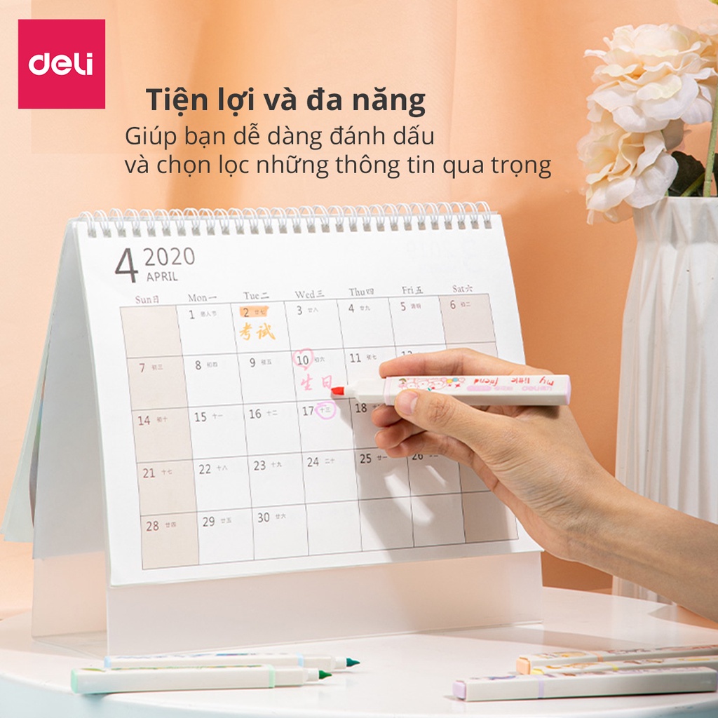 Bộ 6 bút highlight dạ quang đánh dấu nhớ dòng tặng sticker cute marker Deli ghi chú note bullet journal trang trí sổ tay