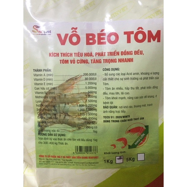 Vỗ béo Tôm gói 1kg. Tăng cân nhanh, kích thích bắt mồi, vỏ tôm nhanh cứng sau lột
