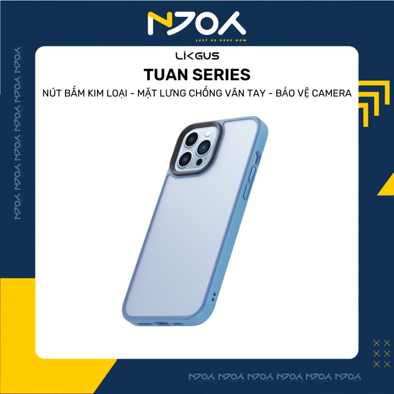 Ốp Lưng Nhám Chống Vân Tay Likgus Tuan Serria Blue Nút Bấm Kim Loại Viền Màu Chống Sốc Điện Thoại 13 Pro Max 12 Pro Max