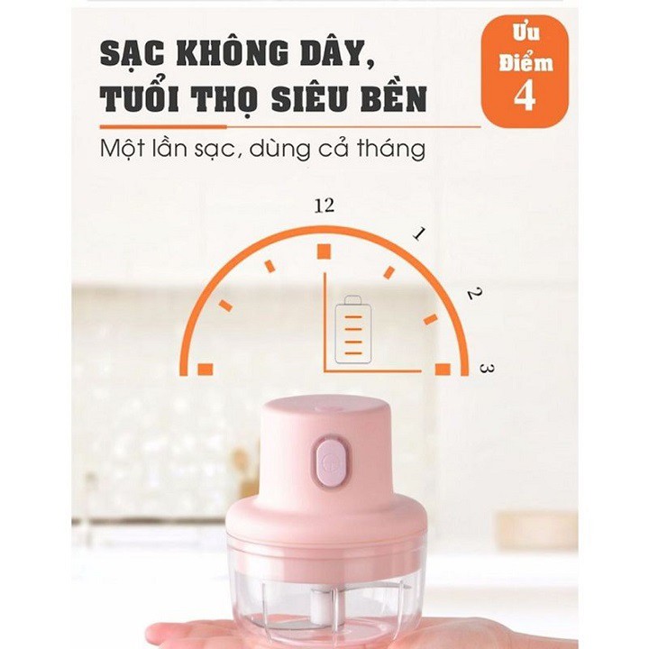 Máy xay mini cầm tay đa năng sạc pin cao cấp xay tỏi ớt, hành, rau củ quả dung tích 250ml