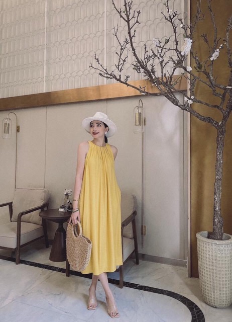 Đầm_suông-VÁY MAXI ĐŨI CỔ YẾM CỰC XINH 3 màu chất đũi lạnh