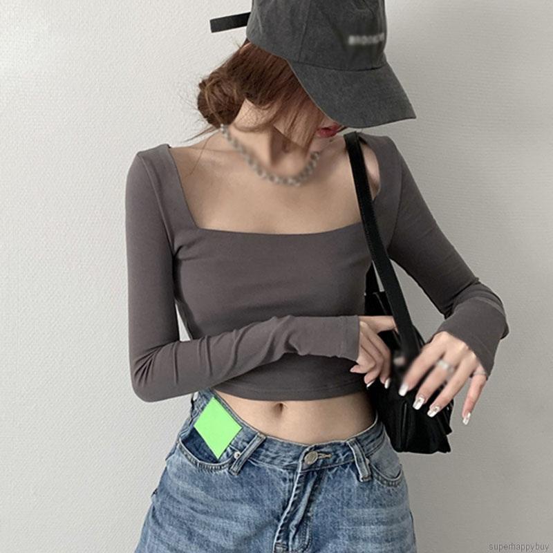 Áo thun lửng nữ tay dài cổ vuông 1 màu giản dị