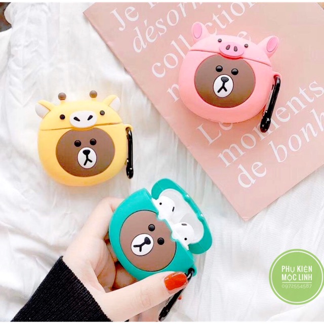 🌟Tặng kèm móc treo - Case Airpod 1 2 Gấu nâu đội mũ🌟Vỏ bao ốp AirPods silicon đựng tai nghe không dây i11 i12...