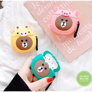 🌟Tặng kèm móc treo - Case Airpod 1 2 Gấu nâu đội mũ🌟Vỏ bao ốp AirPods silicon đựng tai nghe không dây i11 i12...