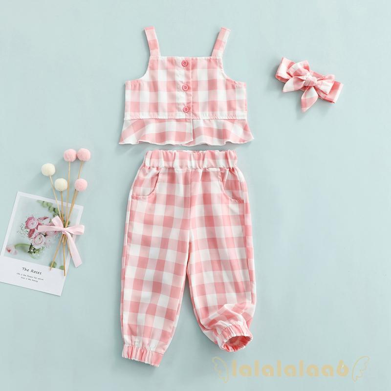 Set Đồ 3 Món Gồm Áo Cổ Thuyền Kẻ Sọc Caro Có Diềm Xếp Nếp + Quần Dài Và Túi Đeo Cho Bé Gái Sơ Sinh