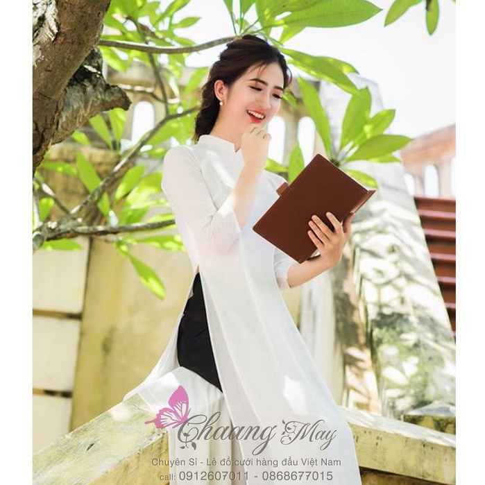 Áo dài trắng nữ học sinh 4 tà đi học Chaang may sẵn áo dài truyền thống lụa tằm cổ vuông tay lỡ đẹp