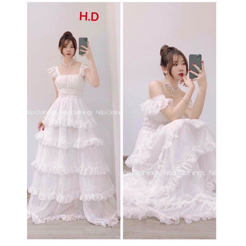 Váy 2 dây cánh tiên xoè dài qua gối bèo nhiều tầng kèm anh thật Hđ