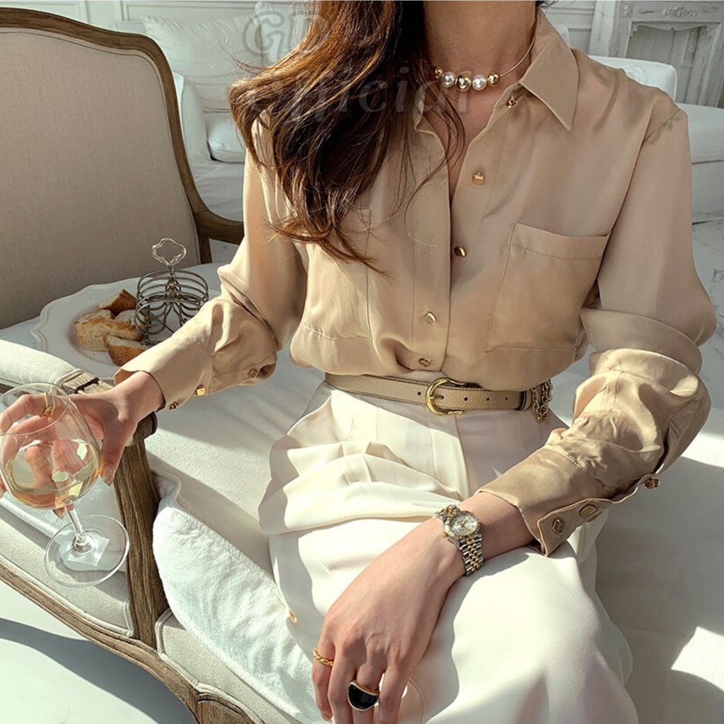 A3|Áo sơ mi công sở nữ dài tay chất lụa satin polo trơn rộng có túi suông rộng sang nâu, xám, trắng, xanh GD Official