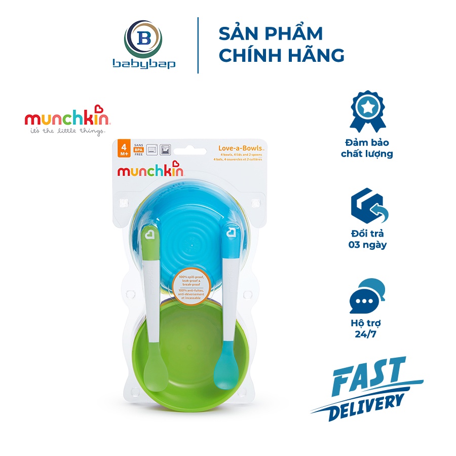 Bộ 4 Bát Có Nắp + 2 Thìa Munchkin Dành Cho Bé Trên 4 Tháng Tuổi