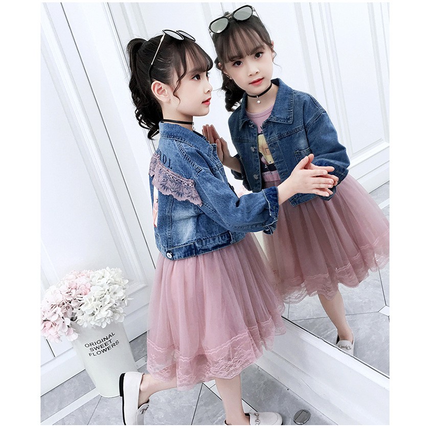 Set váy thu đông bé gái kèm áo khoác bò họa tiết hình cô gái siêu xinh size 15-36kg  [SV08]
