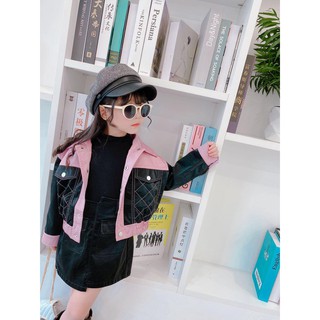 Aó khoác da phối hồng đen bấm cúc bé gái