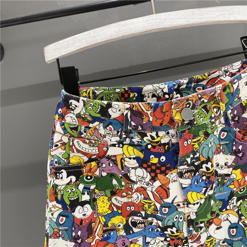 Jiashucheng Chân Váy Denim Chữ a Lưng Cao In Họa Tiết Hoạt Hình Thời Trang Mùa Hè Dễ Phối Đồ