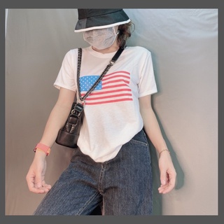 Áo thun nữ trắng rộng in hình, áo unisex phom rộng tay ngắn cổ tròn lá cờ mĩ