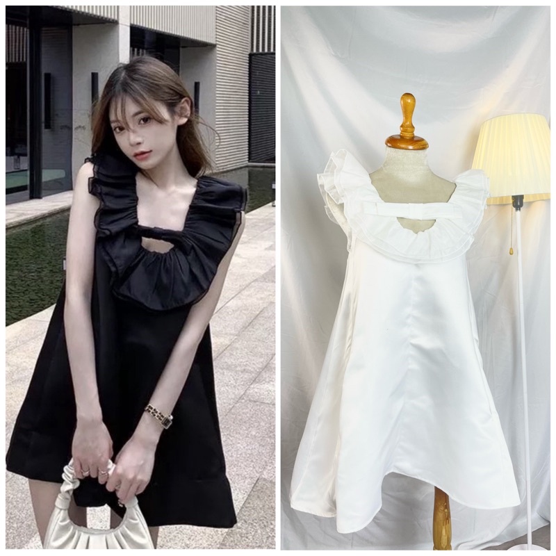 ĐẦM ĐEN XÒE CỔ BÈO BỒNG BỀNH ĐÍNH NƠ CỔ XINH XẮN - ELLY DRESS