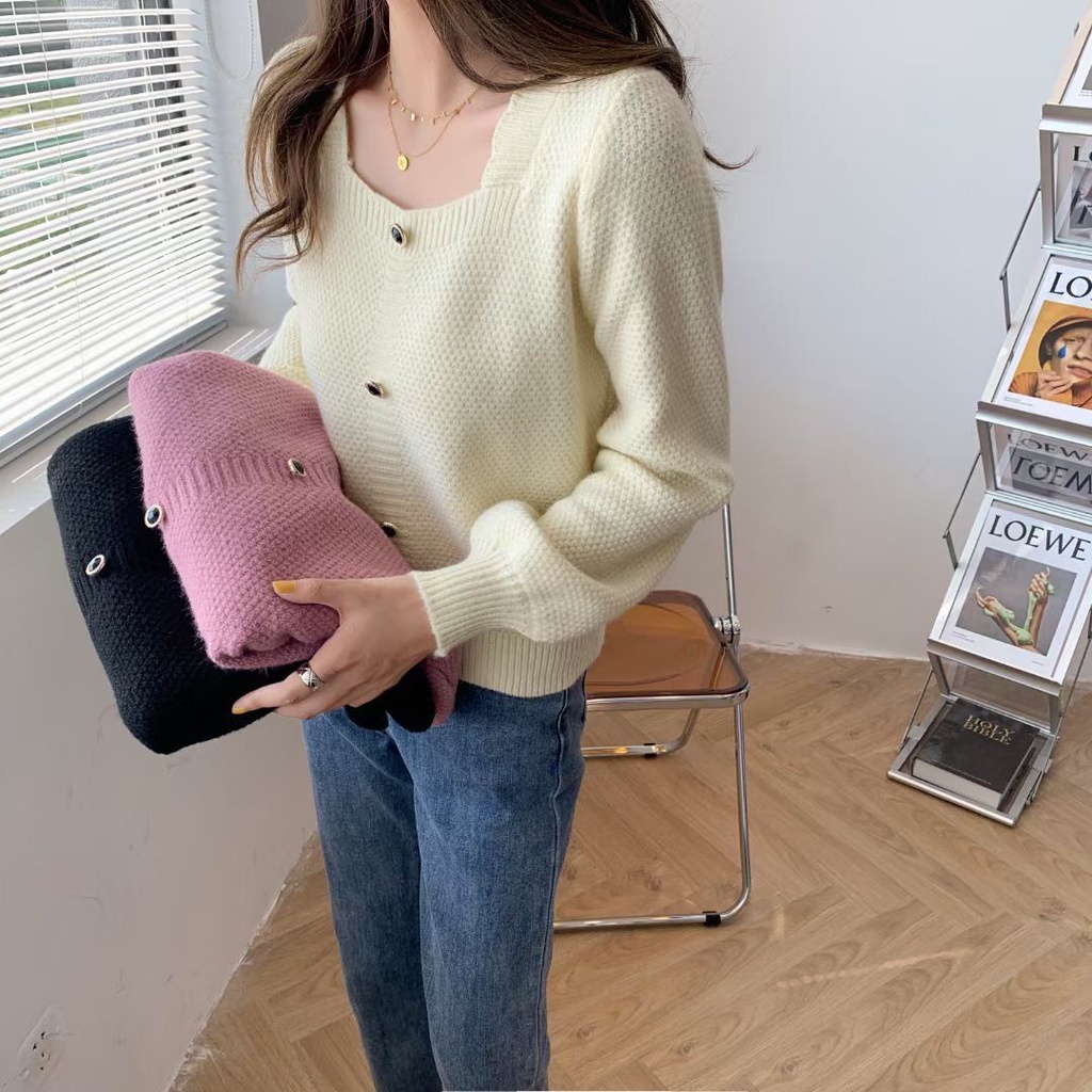 Áo Sweater Dệt Kim Cổ Vuông Phong Cách Hàn Quốc Mới Cho Nữ