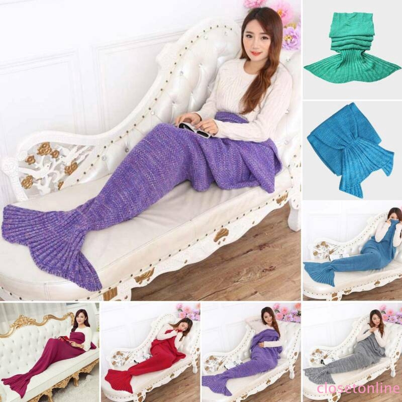 Sale Winter Kids Adult Soft Blanket Mermaid Tail Warm Fish Scales Wool Knitted Crochet CL