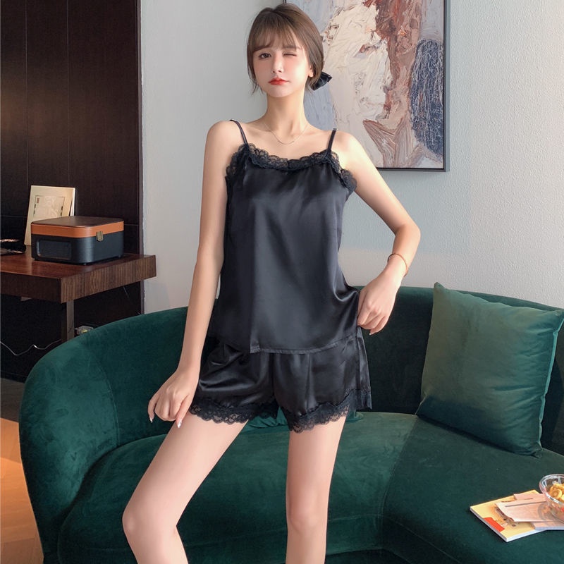 【LLF home】2021Pajamas Women's Summer Ice Thin Silk Lace Lace Spaghetti-Strap Vest Artificial Silk Two-Piece Suit with Chest Pad