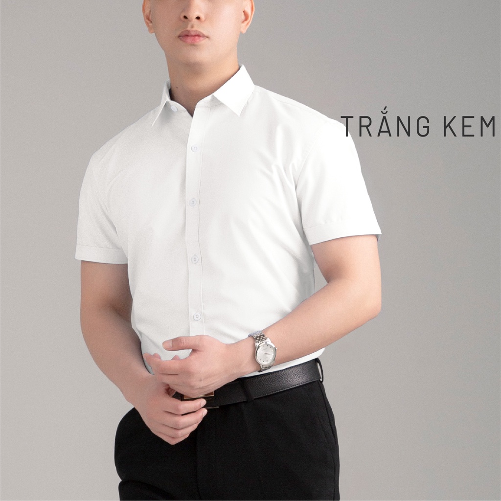 Áo sơ mi nam ngắn tay HTSM MAGNOR vải Polyspun trơn, chống nhăn, cổ bẻ, dáng slimfit công sở không túi ngực