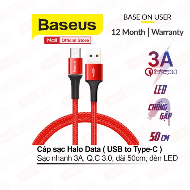 Cáp sạc Baseus Halo Data Type-C  (3A, Quick charge 3.0, LED Light indicator) dài 50cm/100cm