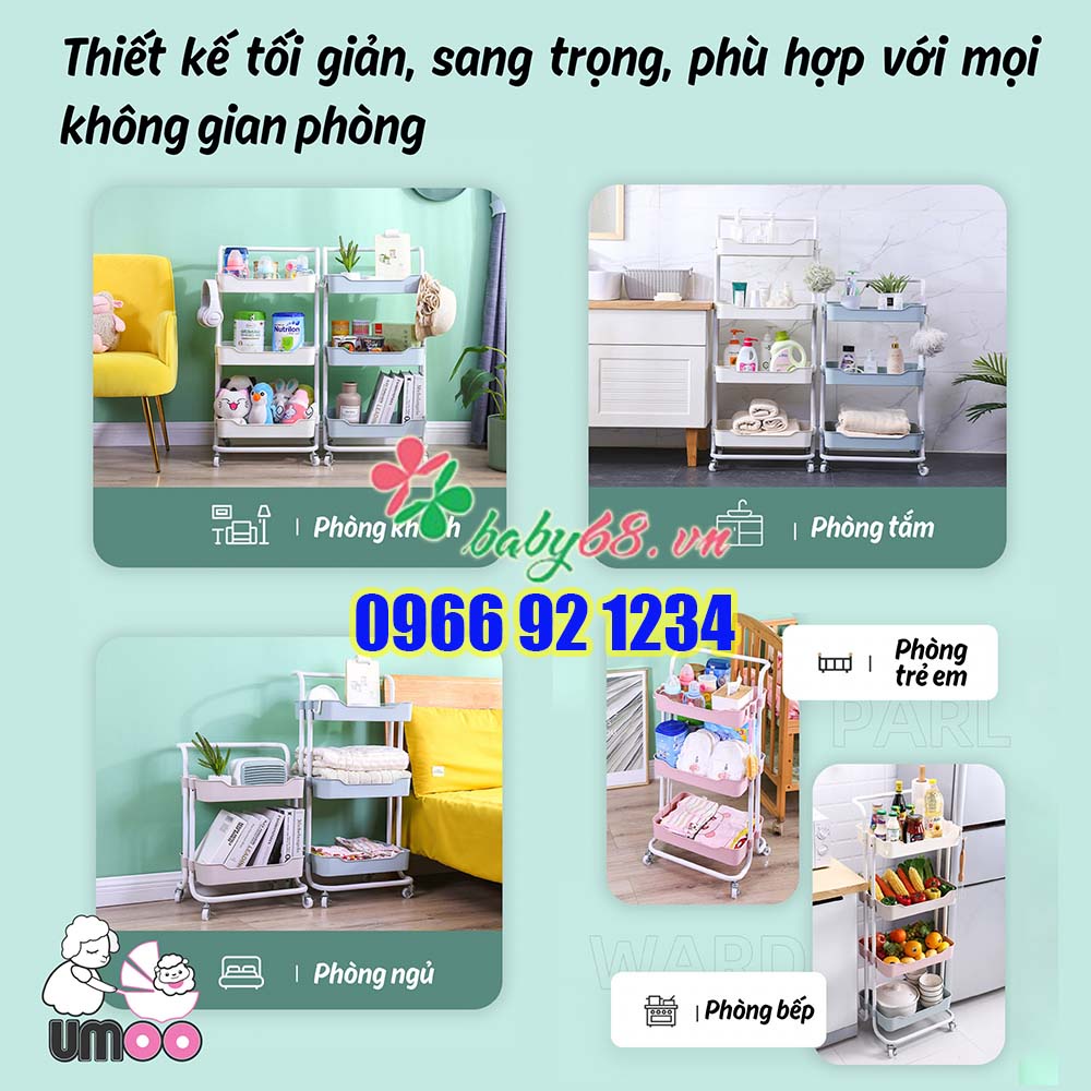 Kệ 3 tầng cao cấp Umoo có tay cầm và bánh xe
