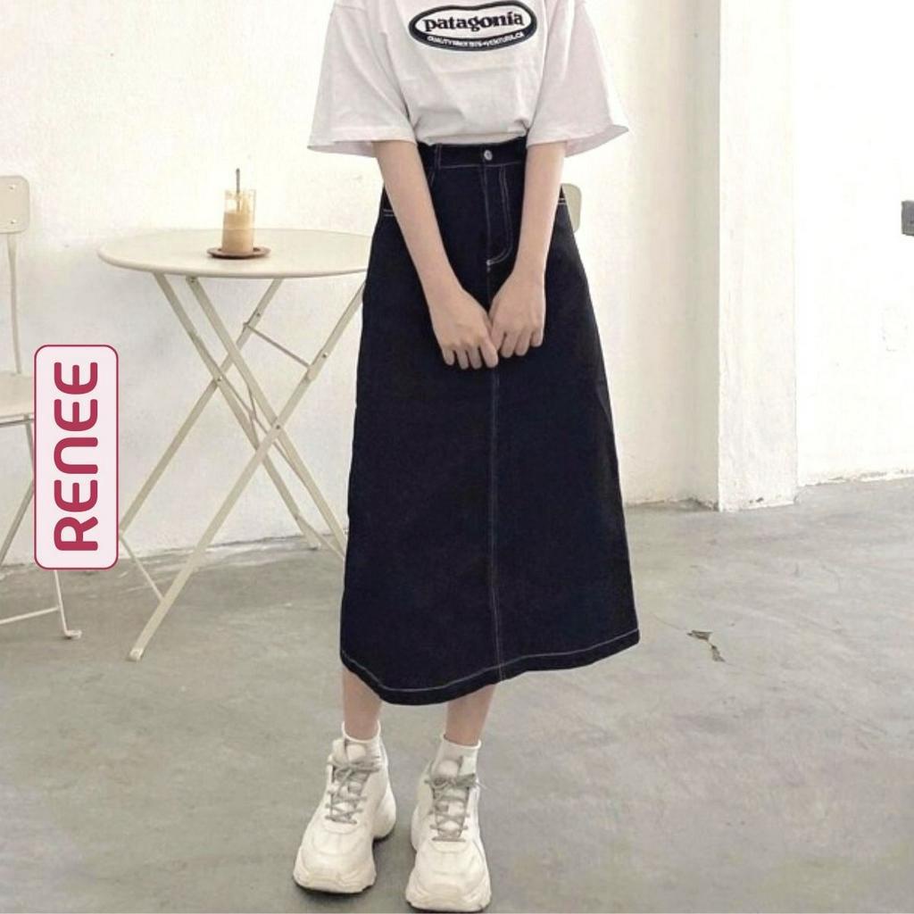 Chân váy kaki dáng dài chỉ nổi, váy chữ a túi hộp lưng chun xẻ vạt sau màu đen - V136