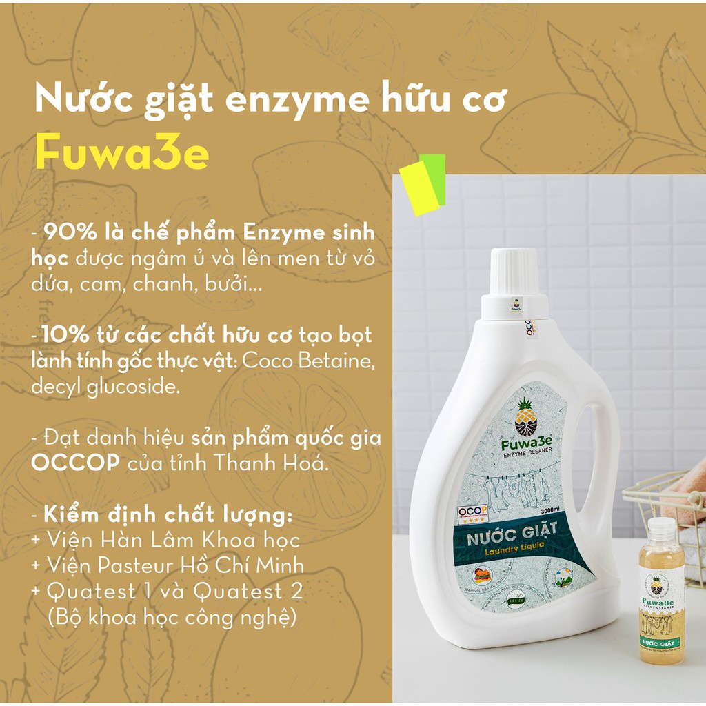 Nước Giặt Hữu Cơ FUWA3E từ Enzyme sinh học chai 4L, giặt quần áo đồ lót, an toàn cho bé (tinh dầu cam)