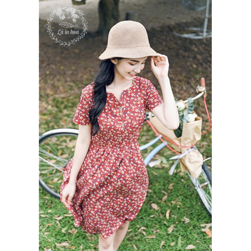 Váy Hoa Đỏ Thắt Eo Dáng Xoè Mùa Hè Lá In Hoa | BigBuy360 - bigbuy360.vn