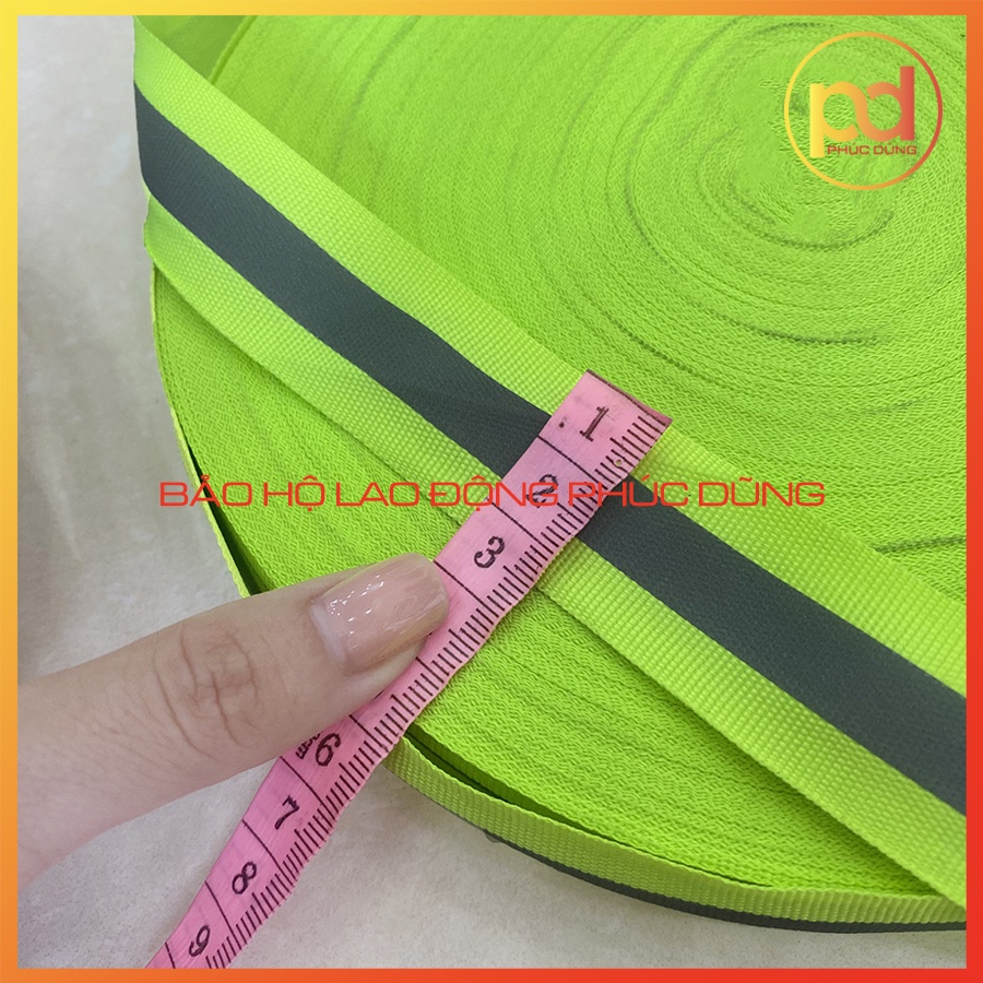 Cuộn dây phản quang 100m phát sáng may áo màu xanh chuối và cam sọc bạc - loại 2,5 cm hoặc 5cm - Có bán lẻ theo m