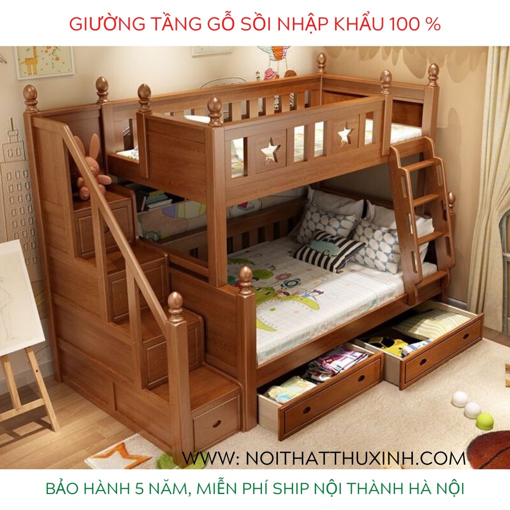 Giường tầng trẻ em cao cấp giường tầng gỗ tự nhiên cho bé trai và bé gái